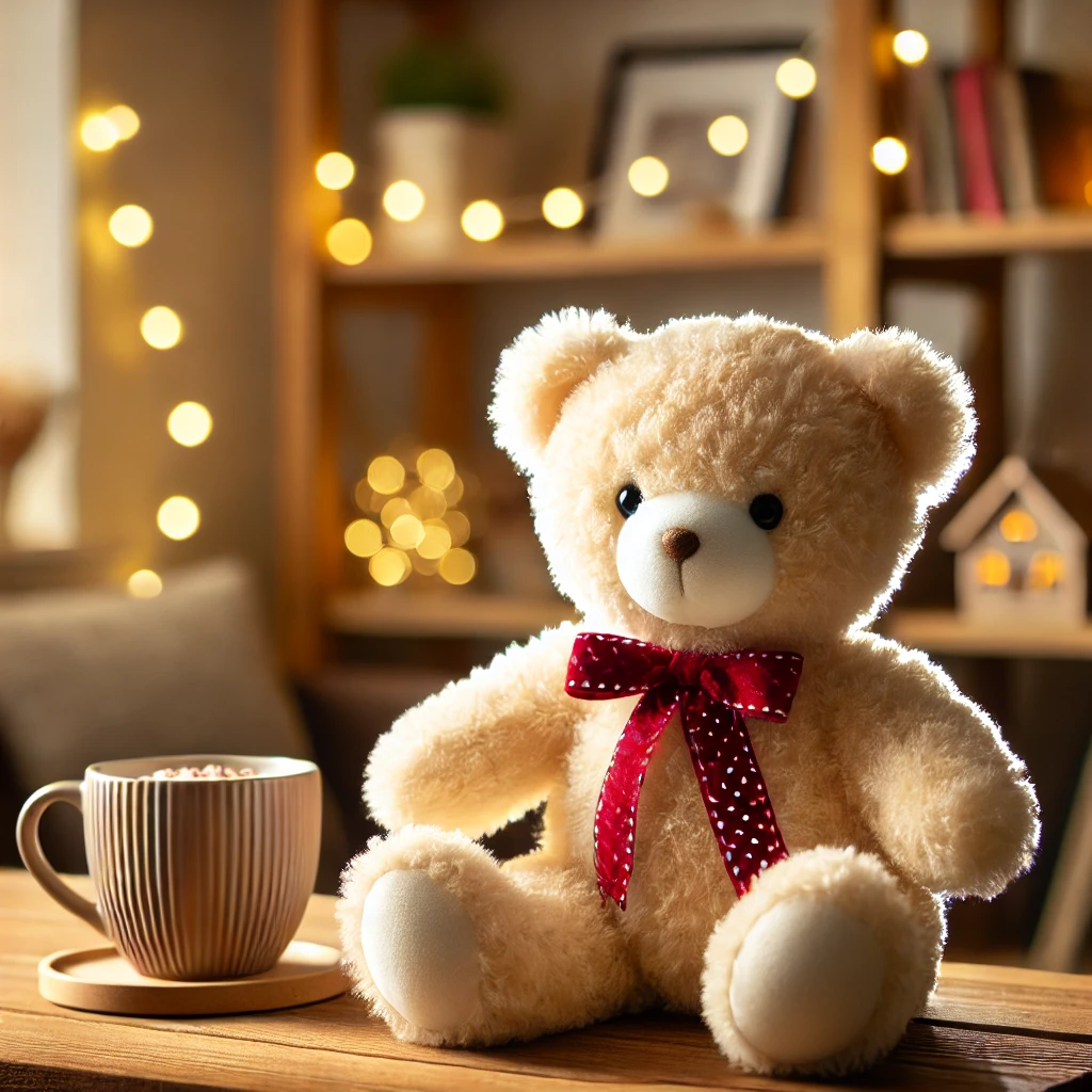 DALL·E 2025-02-09 15.52.20 - A cute and fluffy teddy bear sitting on a wooden bench in a cozy room with soft lighting. The teddy bear has a red ribbon around its neck and a warm, teddy Day
